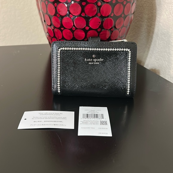 Kate Spade NWT Black Madison Medium Compact Bifold Wallet with Crystal Inlay - Picture 5 of 15